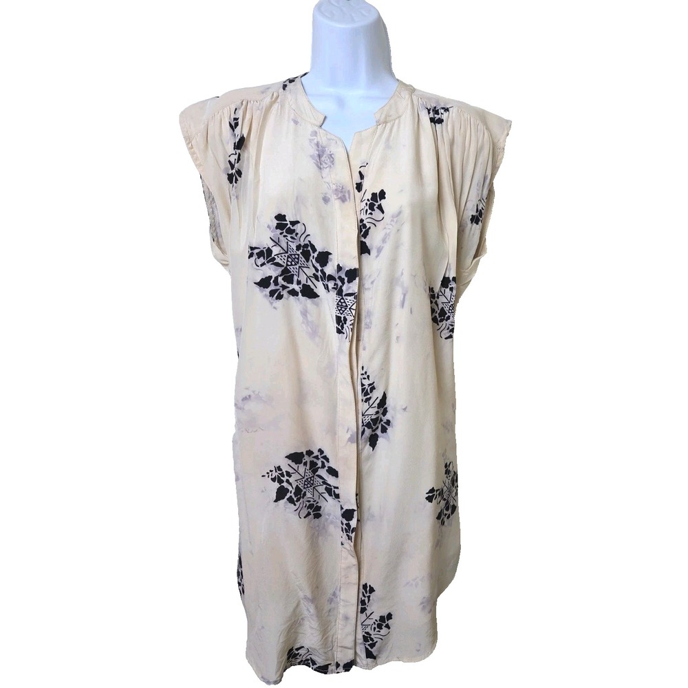 BILLY REID 100% Silk Sleeveless Shift Dress Button Front Ivory Black Sz S *FLAW